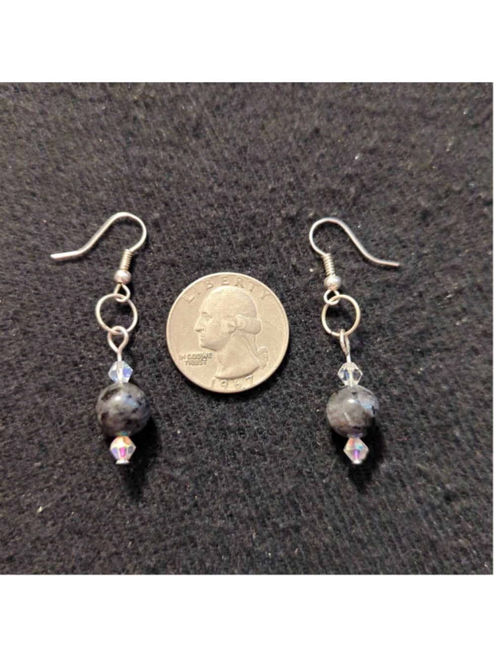 Silver Tone Grey Labradorite Gemstone and Swarovski Crystal Beaded Earrings - Picture 2 of 2